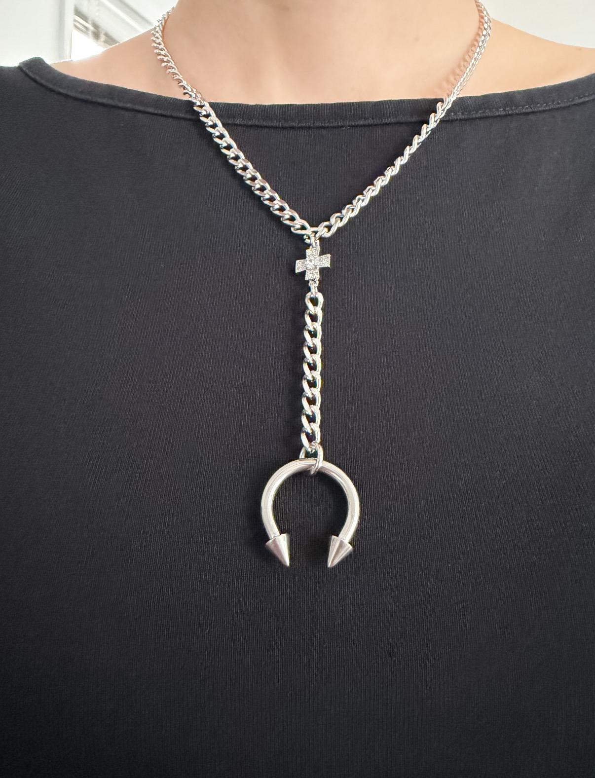 Spiked Horseshoe Barbell Lariat Necklace