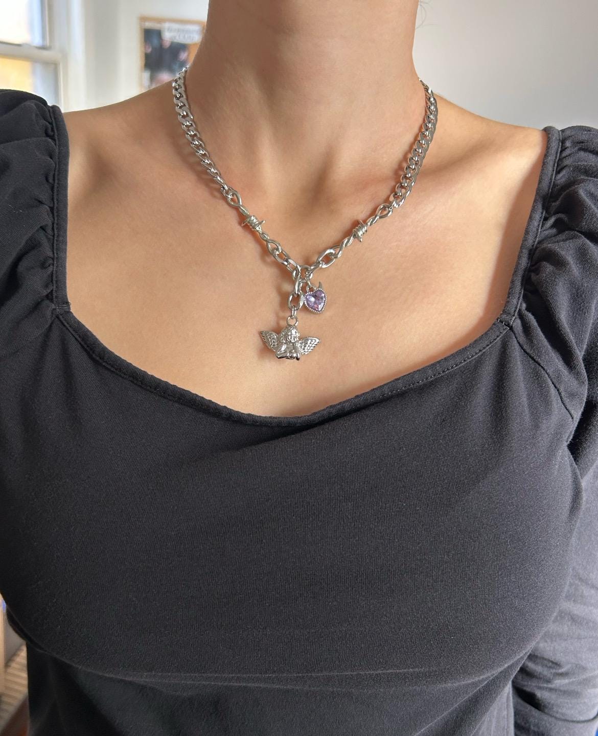 Purple Crystal Devil Heart Cherub Charm Necklace