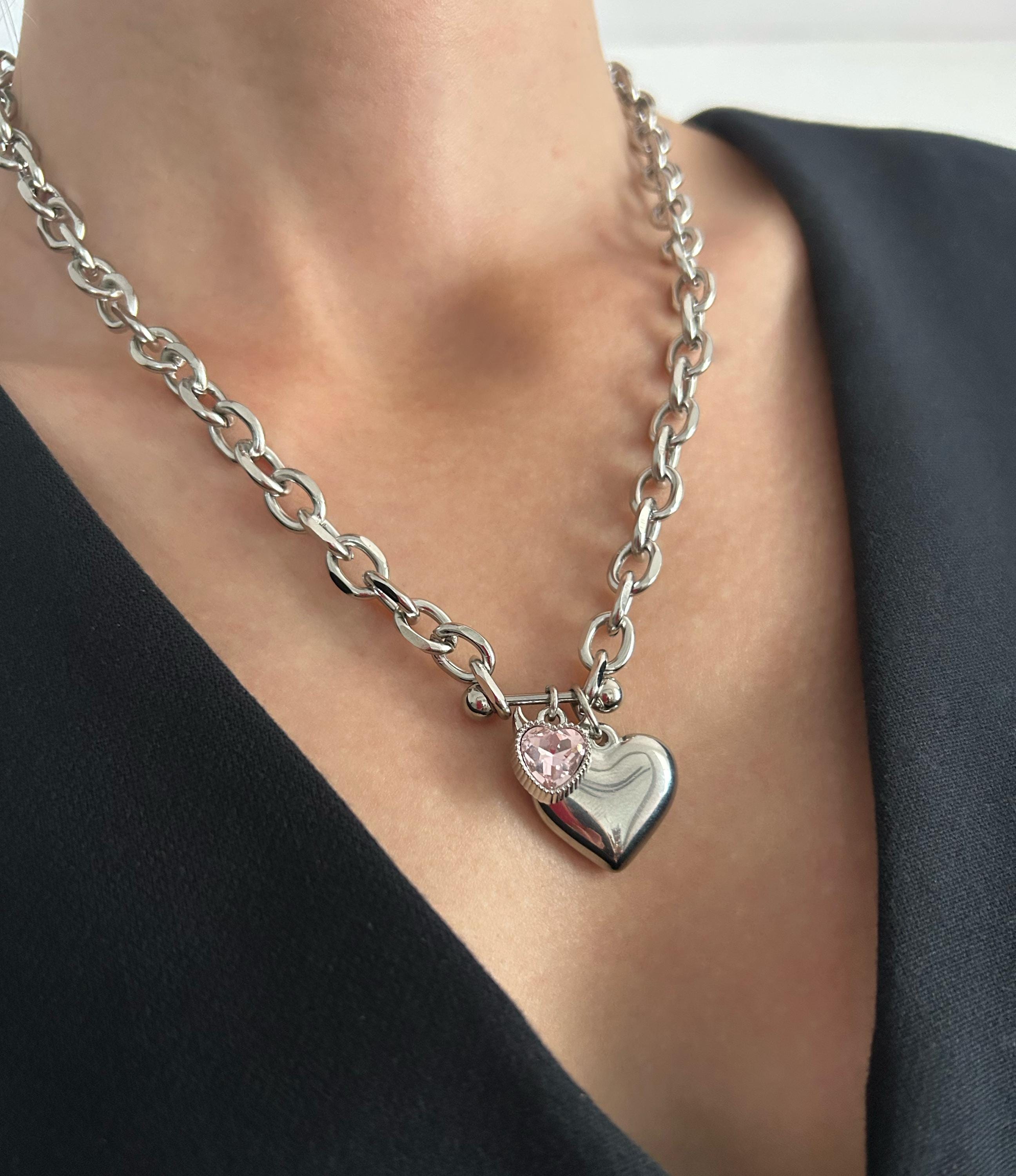 Devil Horns Pink Heart Charm Alternative Necklace