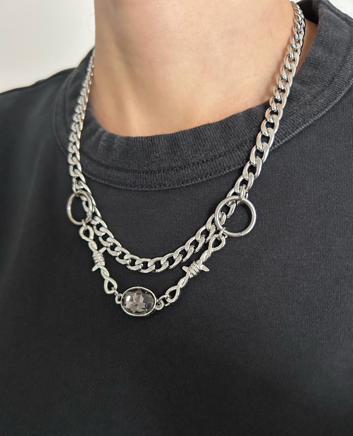 Layered Chain Grey Rhinestone Necklace