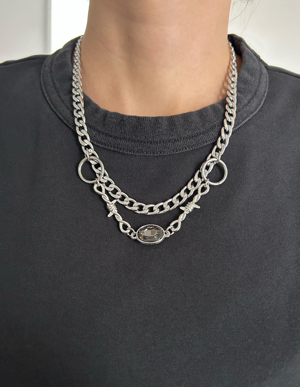 Layered Chain Grey Rhinestone Necklace