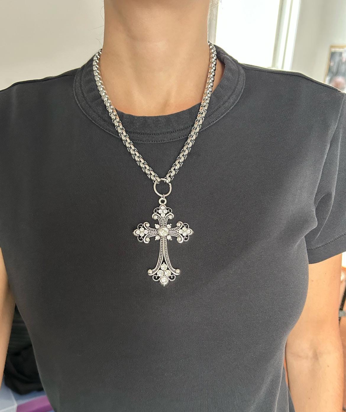 Silver Rhinestone  Cross Necklace