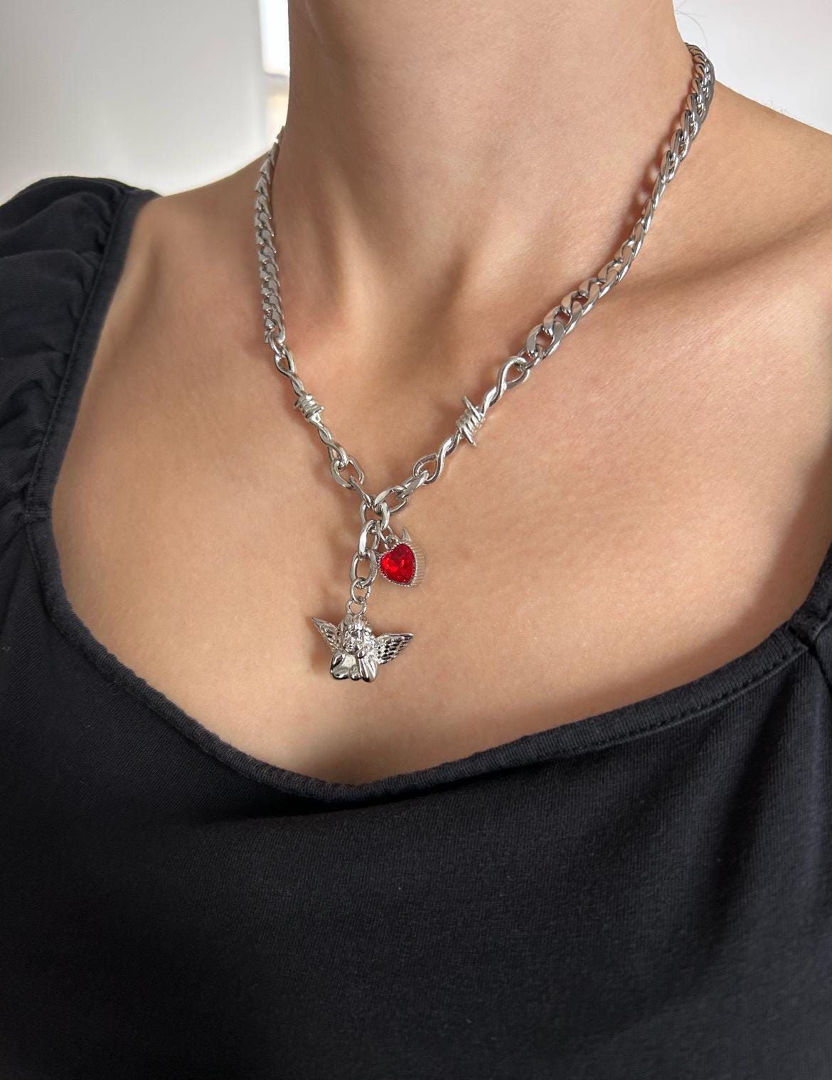 Red Crystal Devil Heart Cherub Charm Necklace