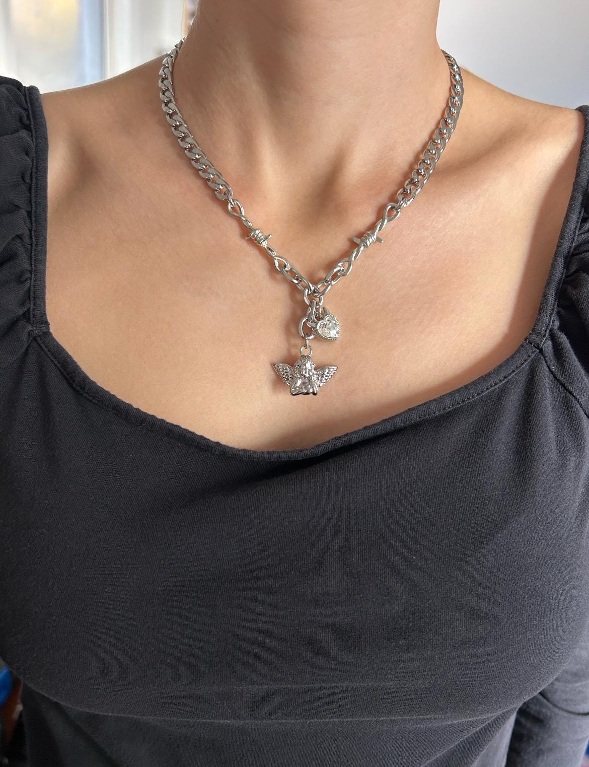 Crystal Devil Heart Cherub Charm Necklace