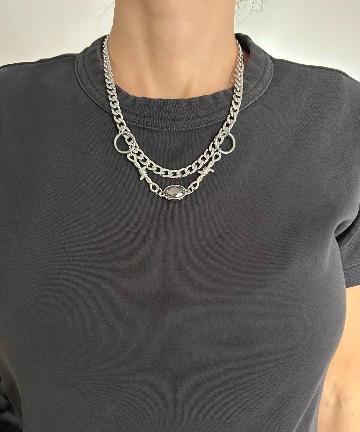 Layered Chain Grey Rhinestone Necklace