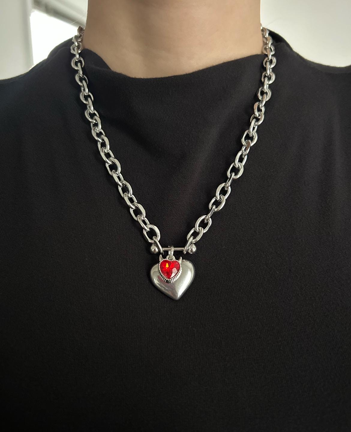 Devil horns Red Heart Charm Necklace