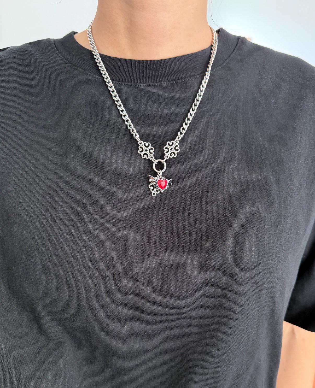 Gothic Bat Wings Heart Charm Necklace