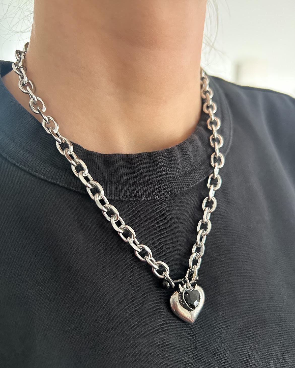 Devil Horns Black Heart Charm Alternative Necklace