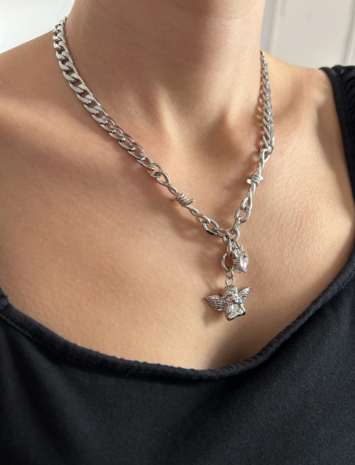 Pink Crystal devil Heart cherub charm necklace