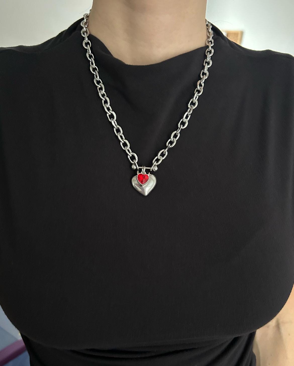 Devil horns Red Heart Charm Necklace