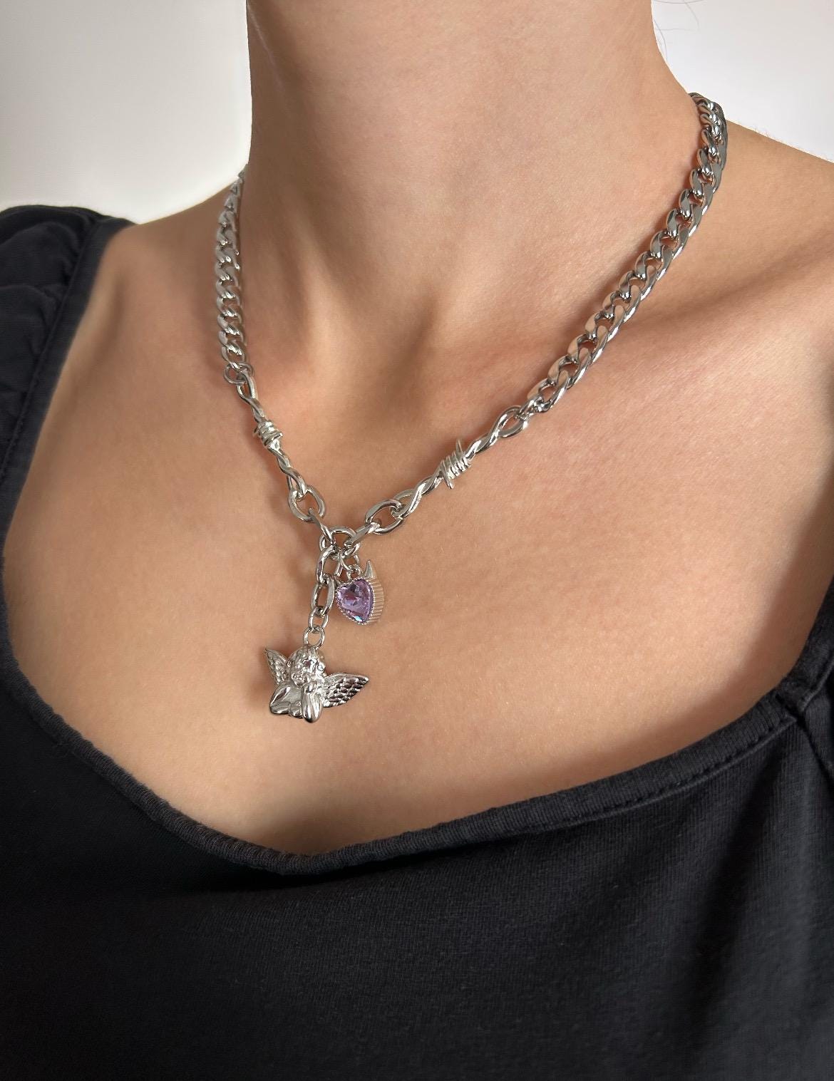 Purple Crystal Devil Heart Cherub Charm Necklace