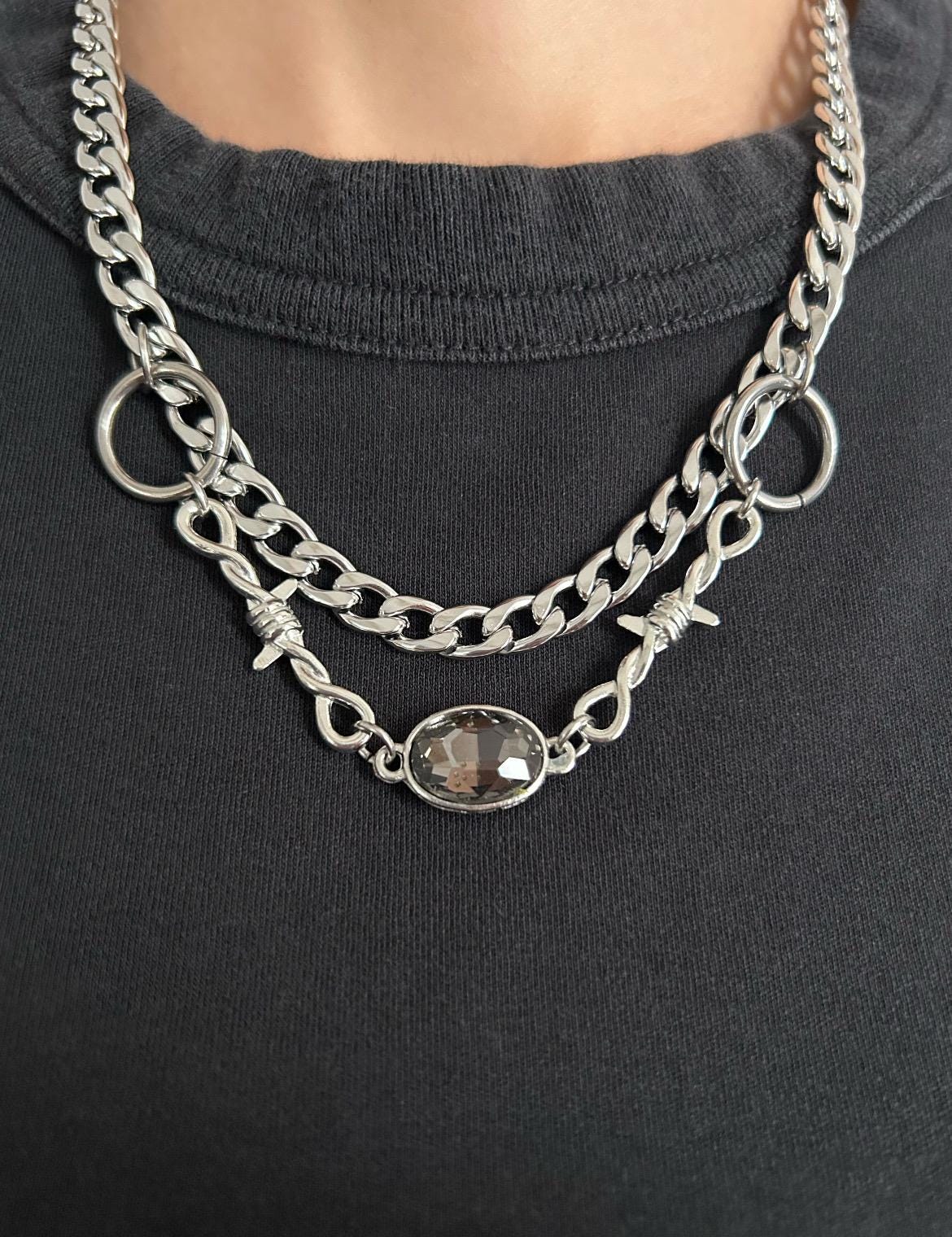 Layered Chain Grey Rhinestone Necklace