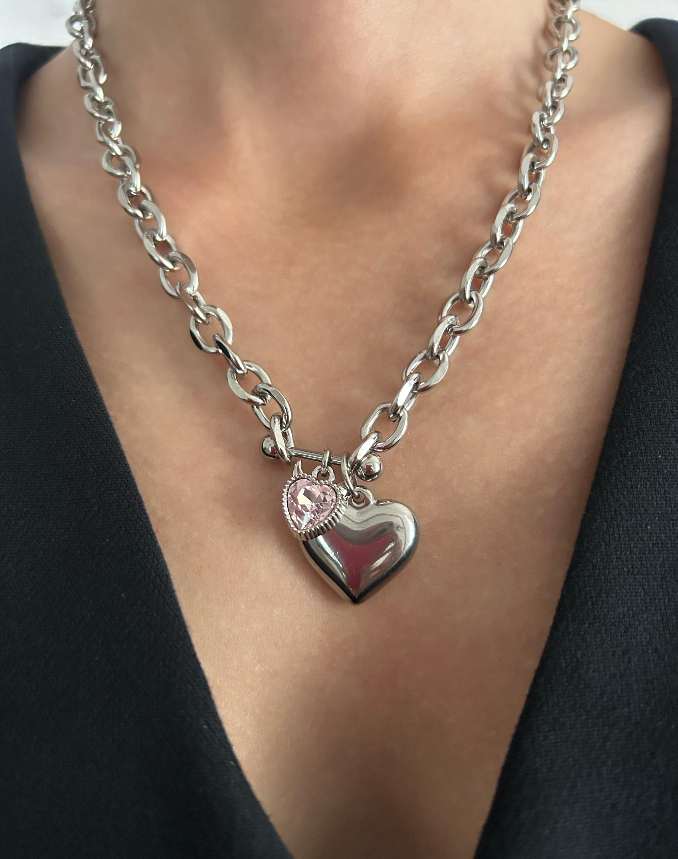 Devil Horns Pink Heart Charm Alternative Necklace