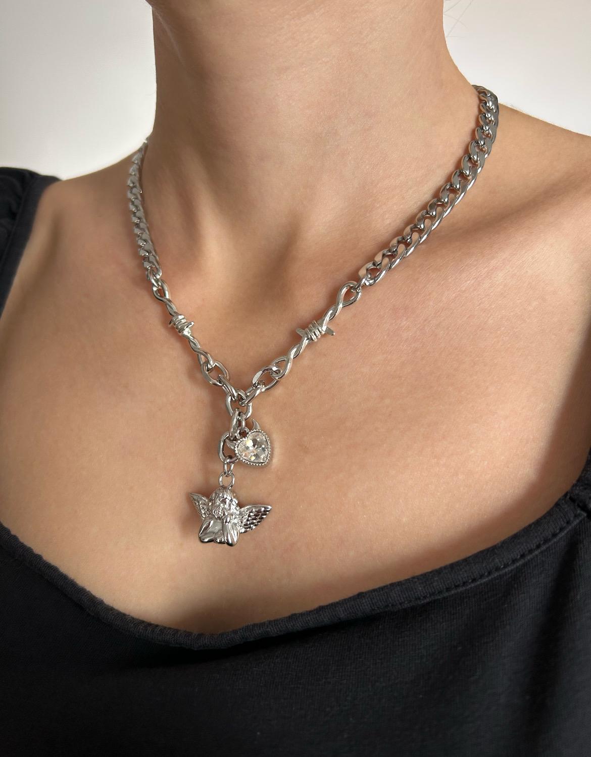 Crystal Devil Heart Cherub Charm Necklace