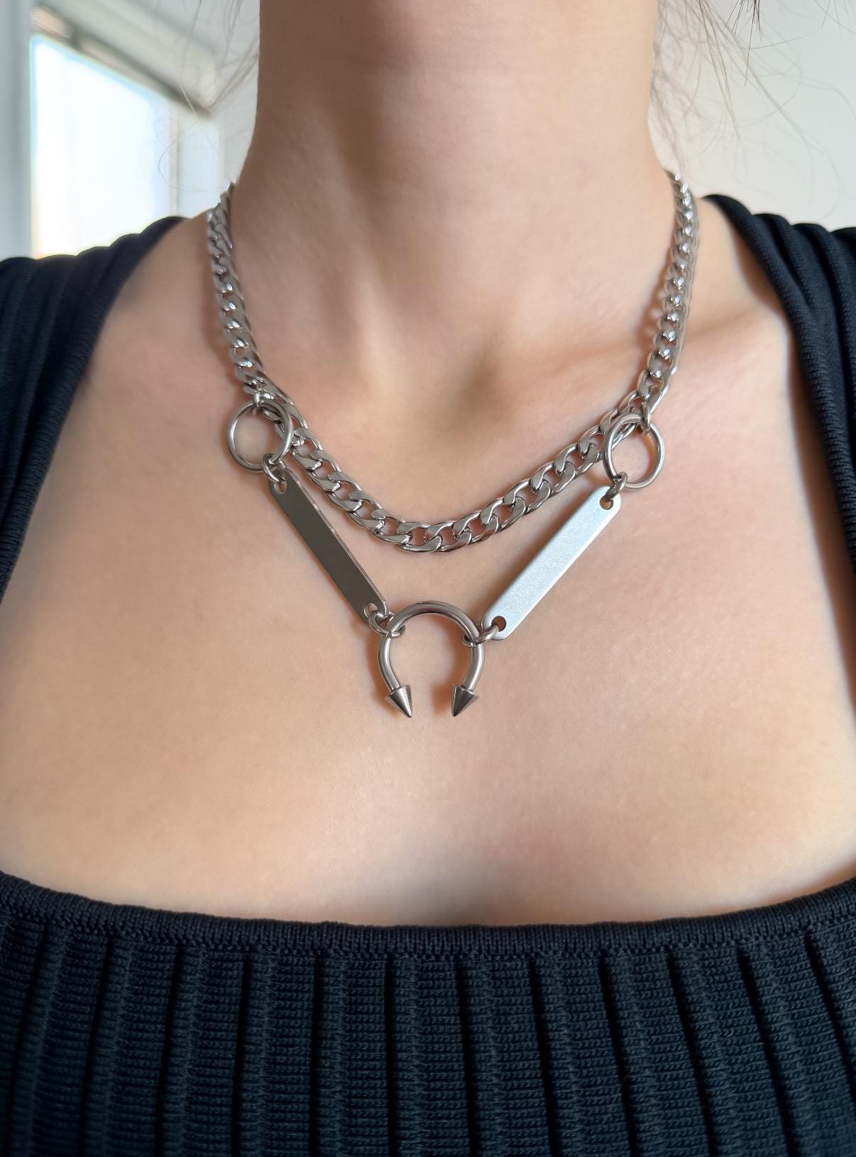 Spiked Horseshoe Barbell Layered Necklace