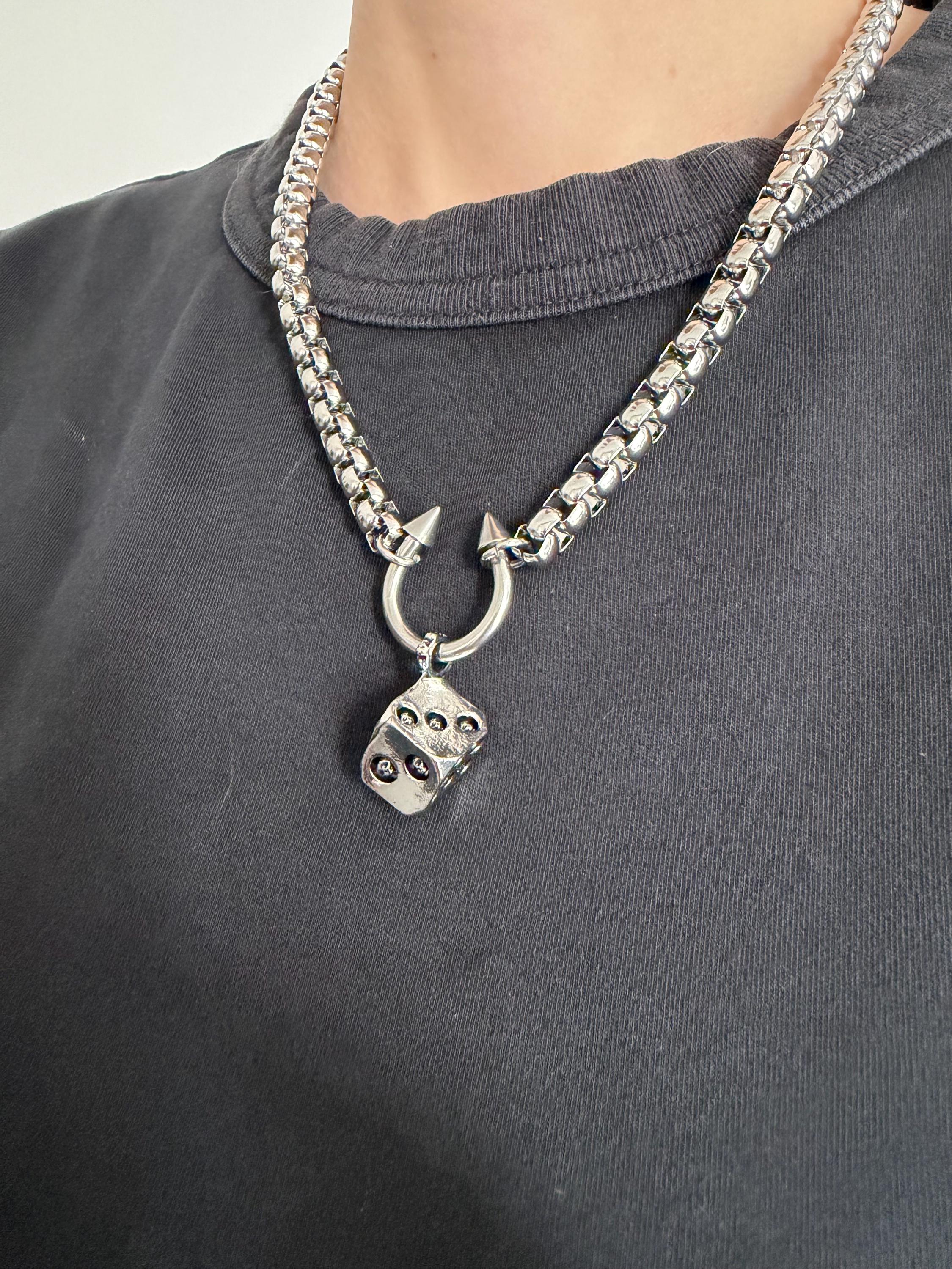 Spiked Horseshoe Barbell Skull Dice Necklace