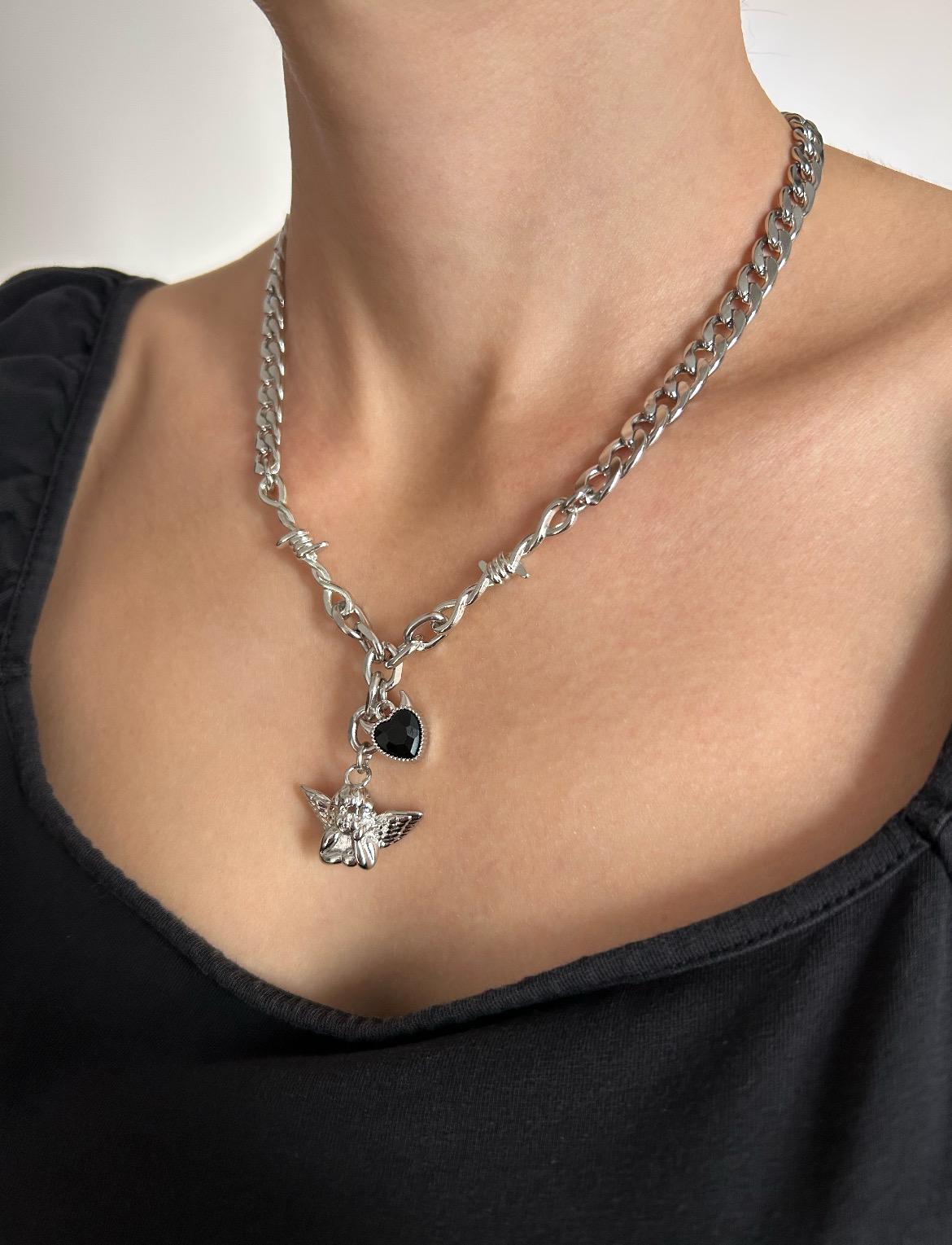 Black Crystal Devil Heart Cherub Charm Necklace