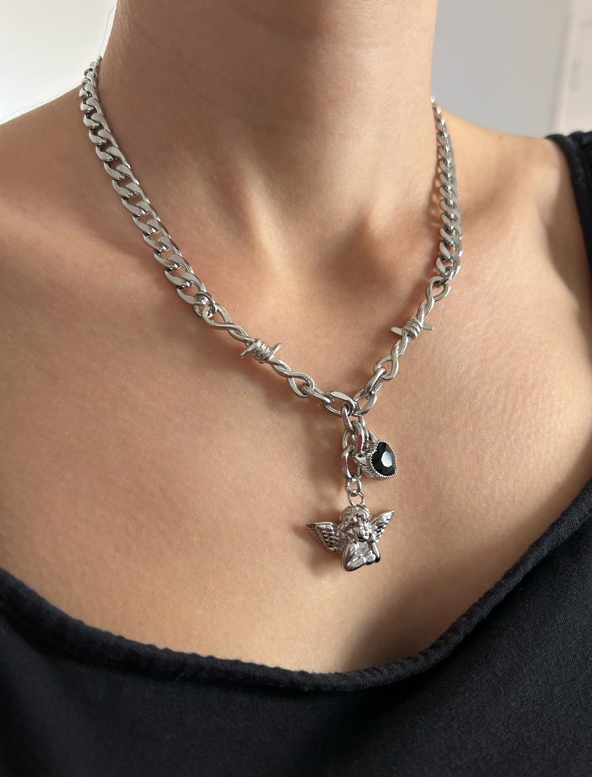 Black Crystal Devil Heart Cherub Charm Necklace