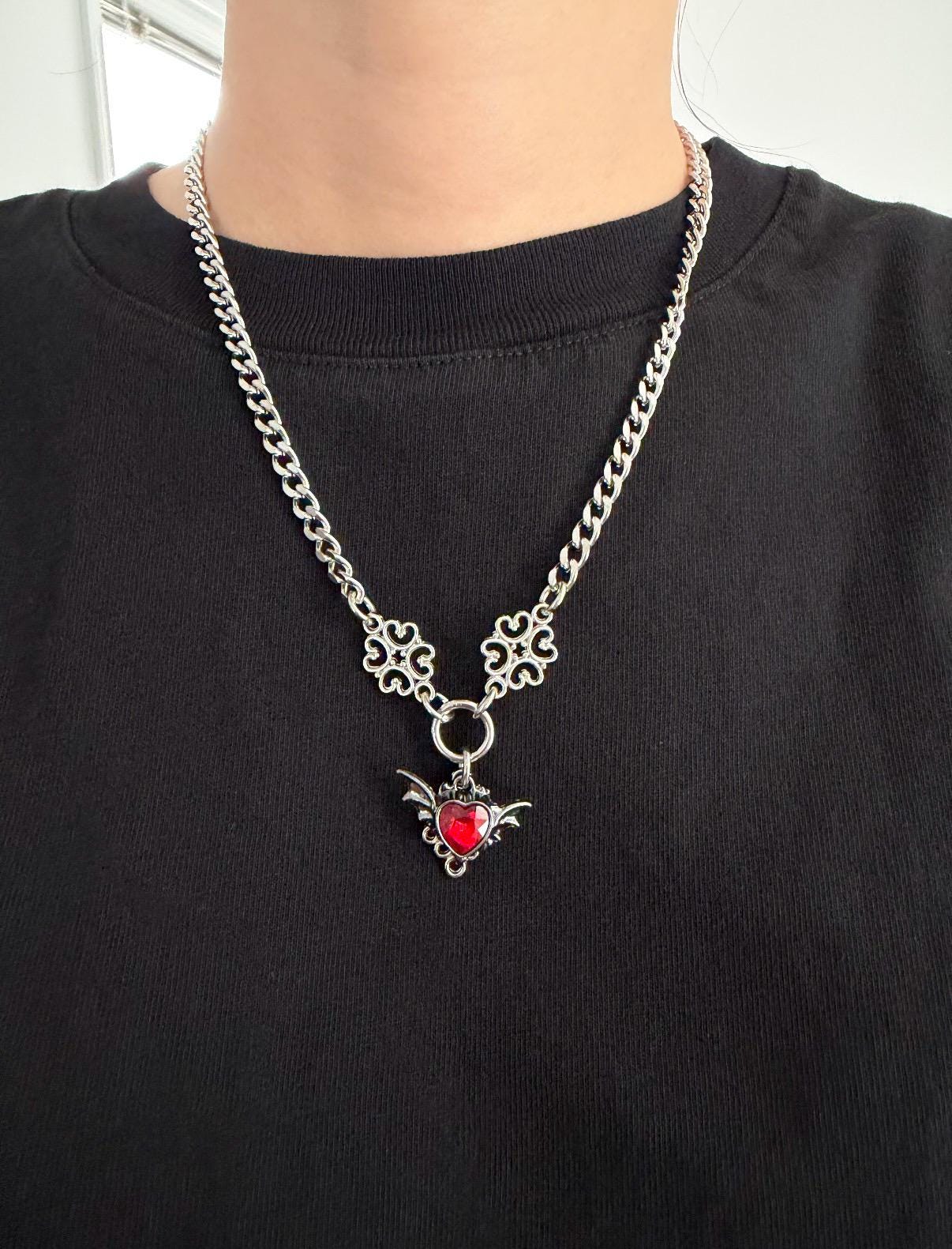 Gothic Bat Wings Heart Charm Necklace