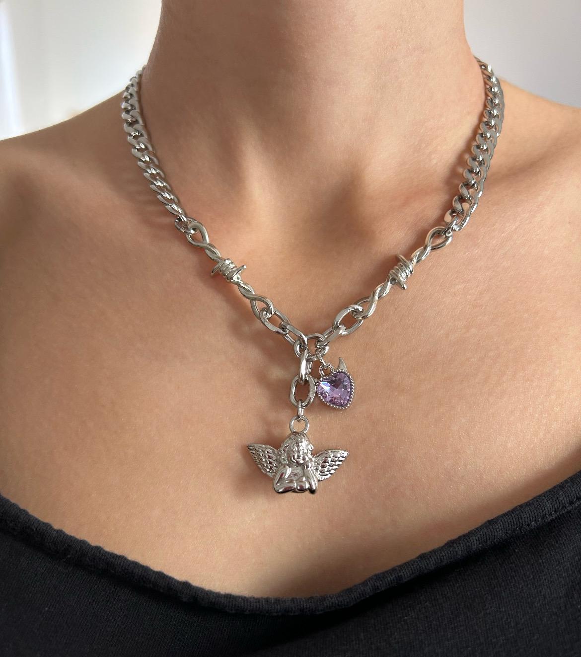 Purple Crystal Devil Heart Cherub Charm Necklace