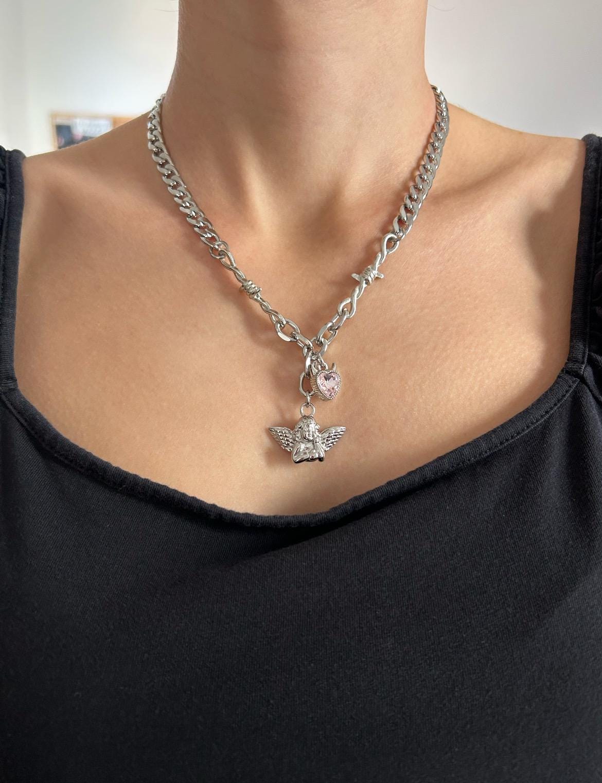 Pink Crystal devil Heart cherub charm necklace