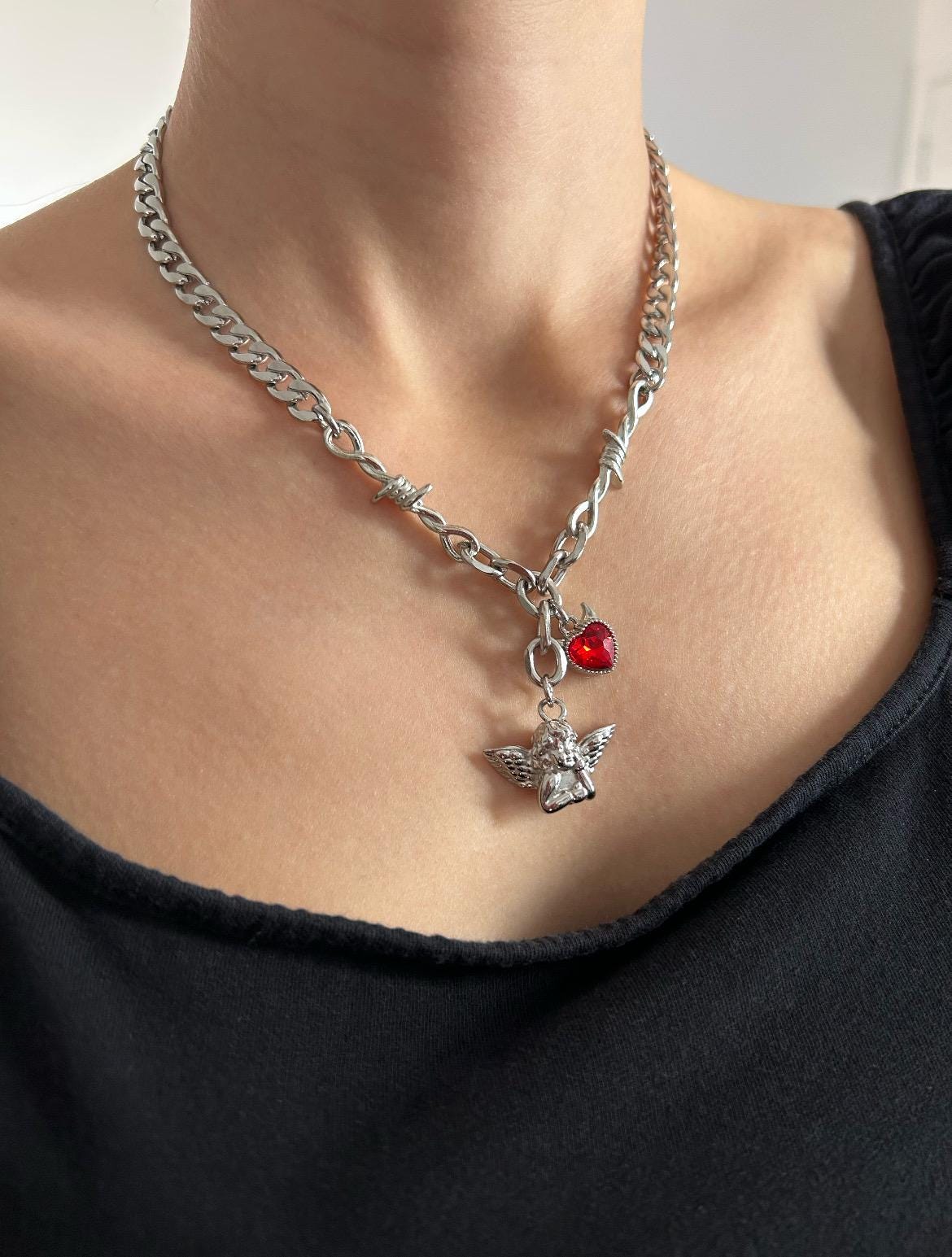 Red Crystal Devil Heart Cherub Charm Necklace