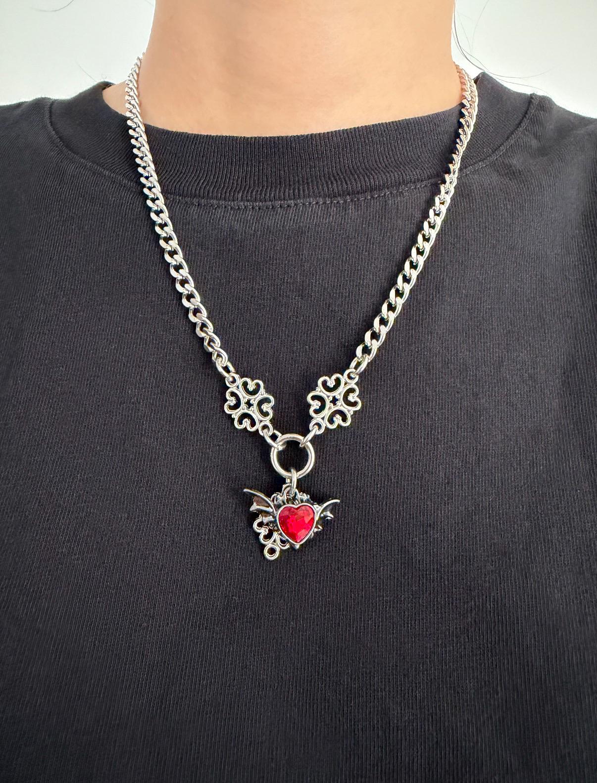 Gothic Bat Wings Heart Charm Necklace