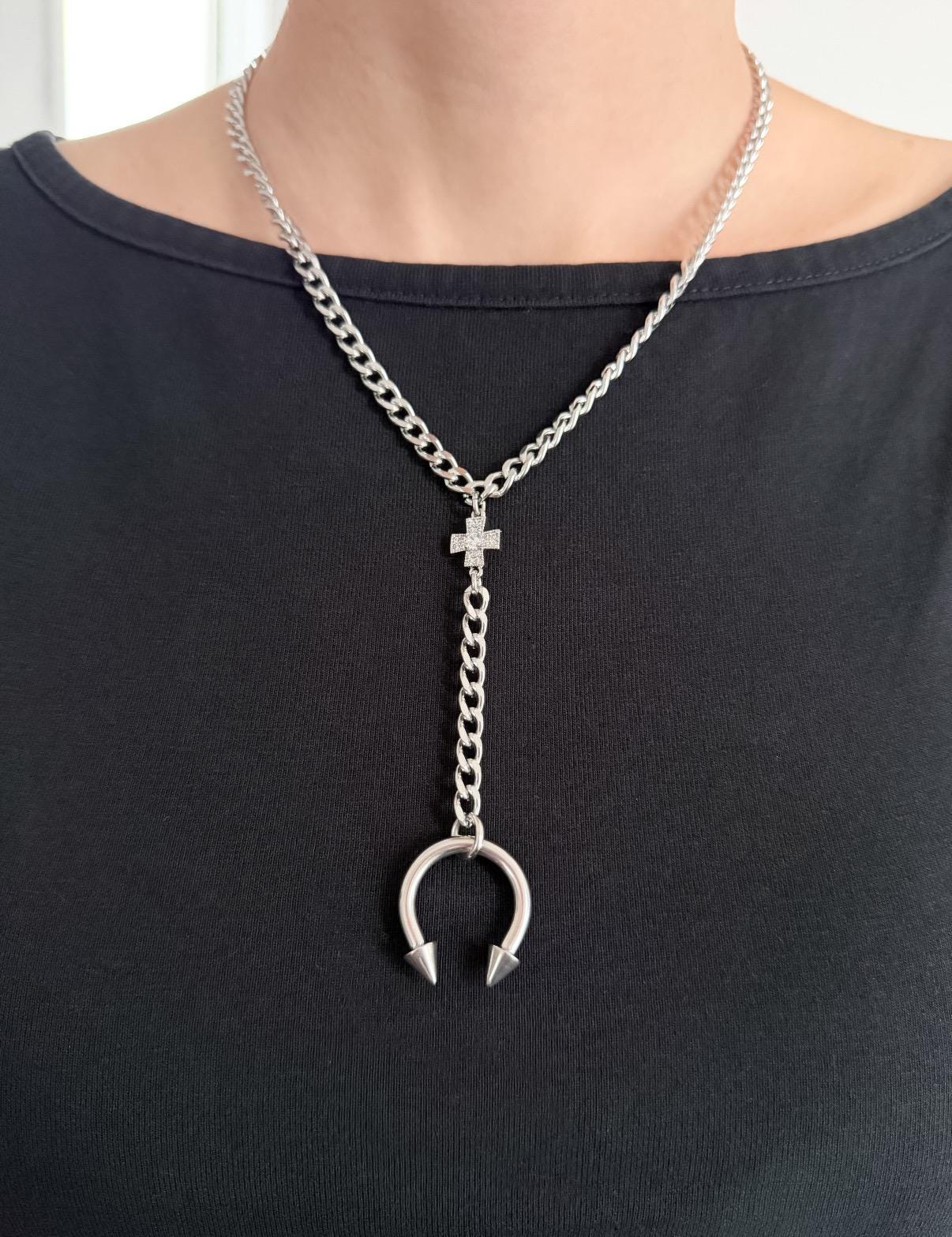 Spiked Horseshoe Barbell Lariat Necklace
