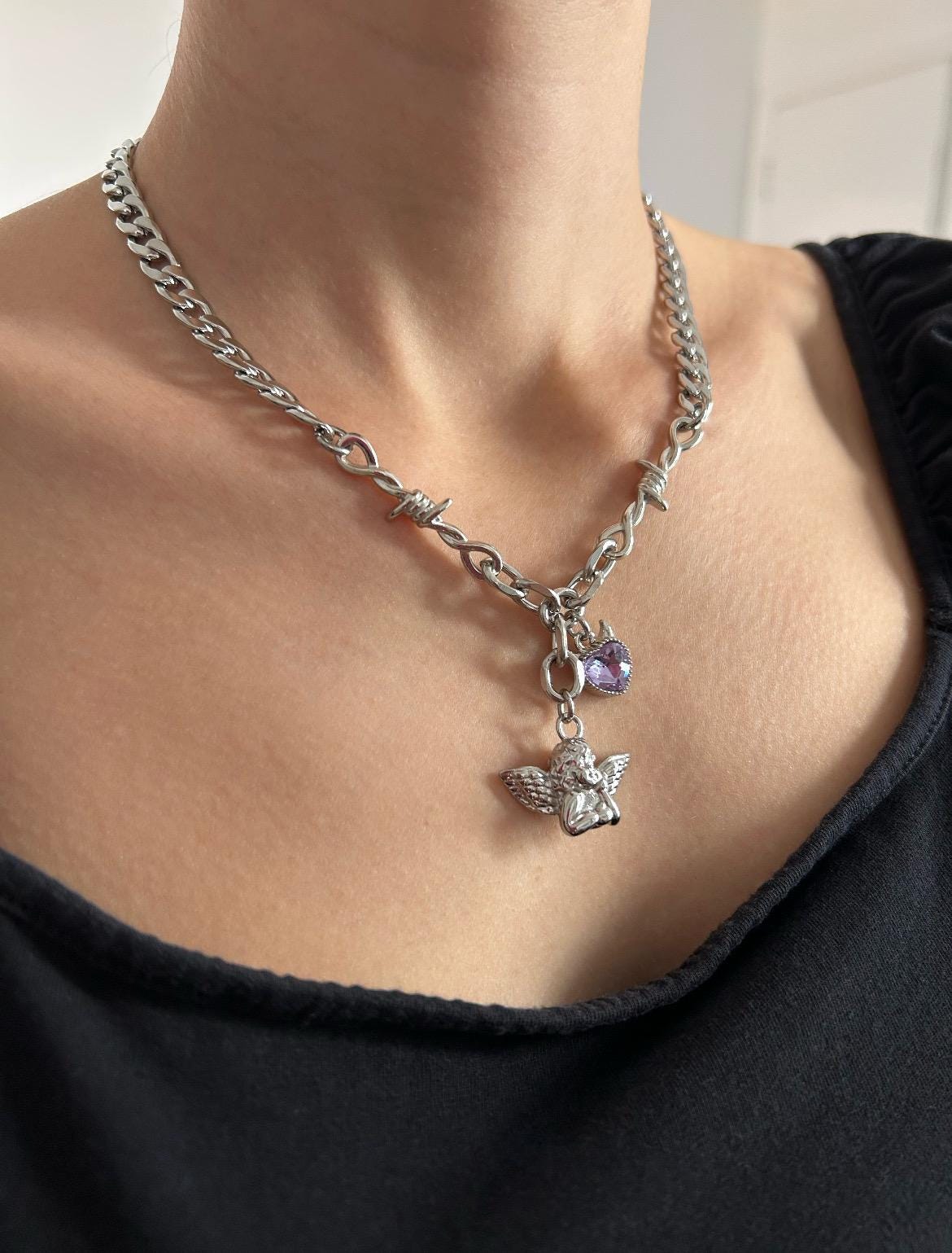 Purple Crystal Devil Heart Cherub Charm Necklace