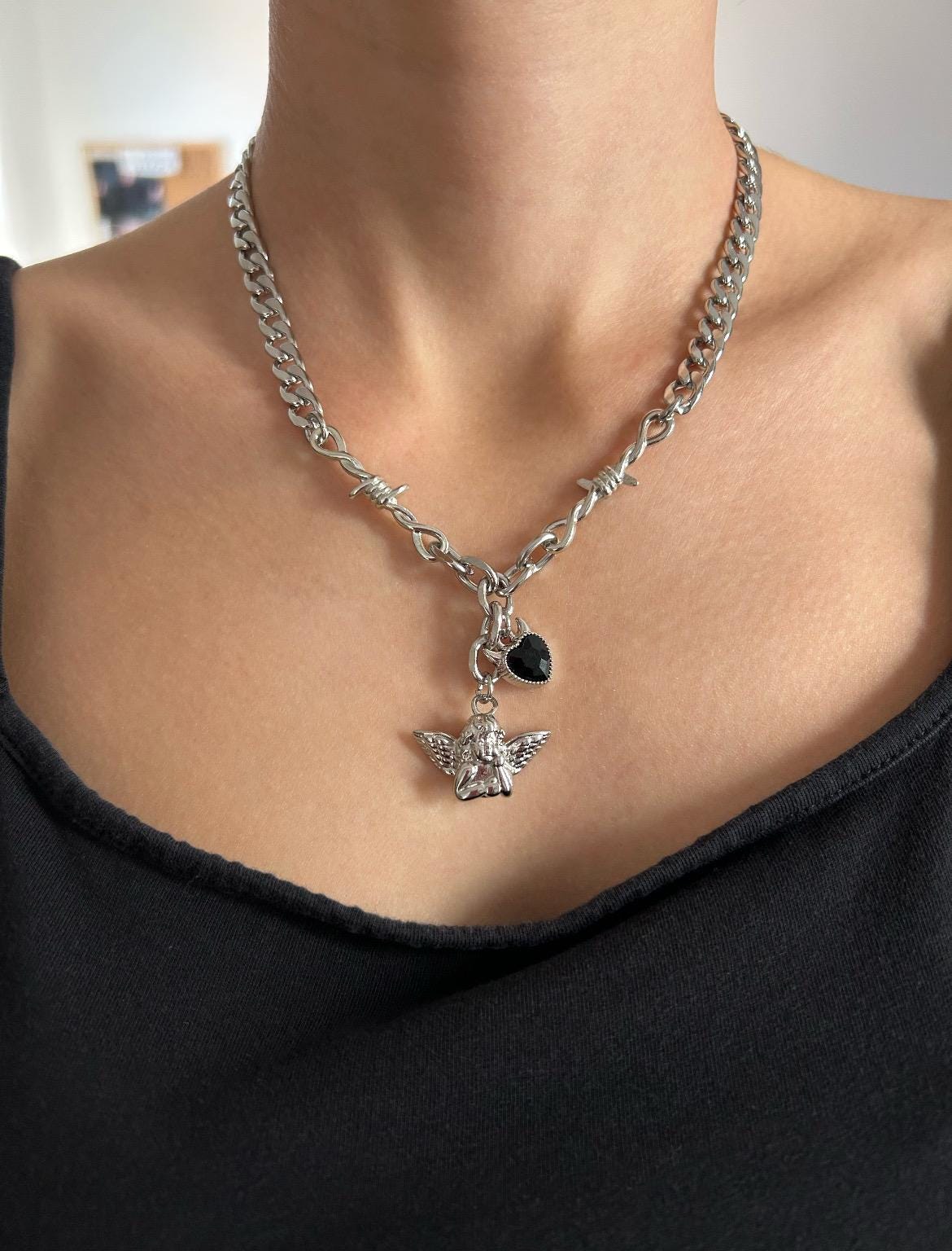 Black Crystal Devil Heart Cherub Charm Necklace