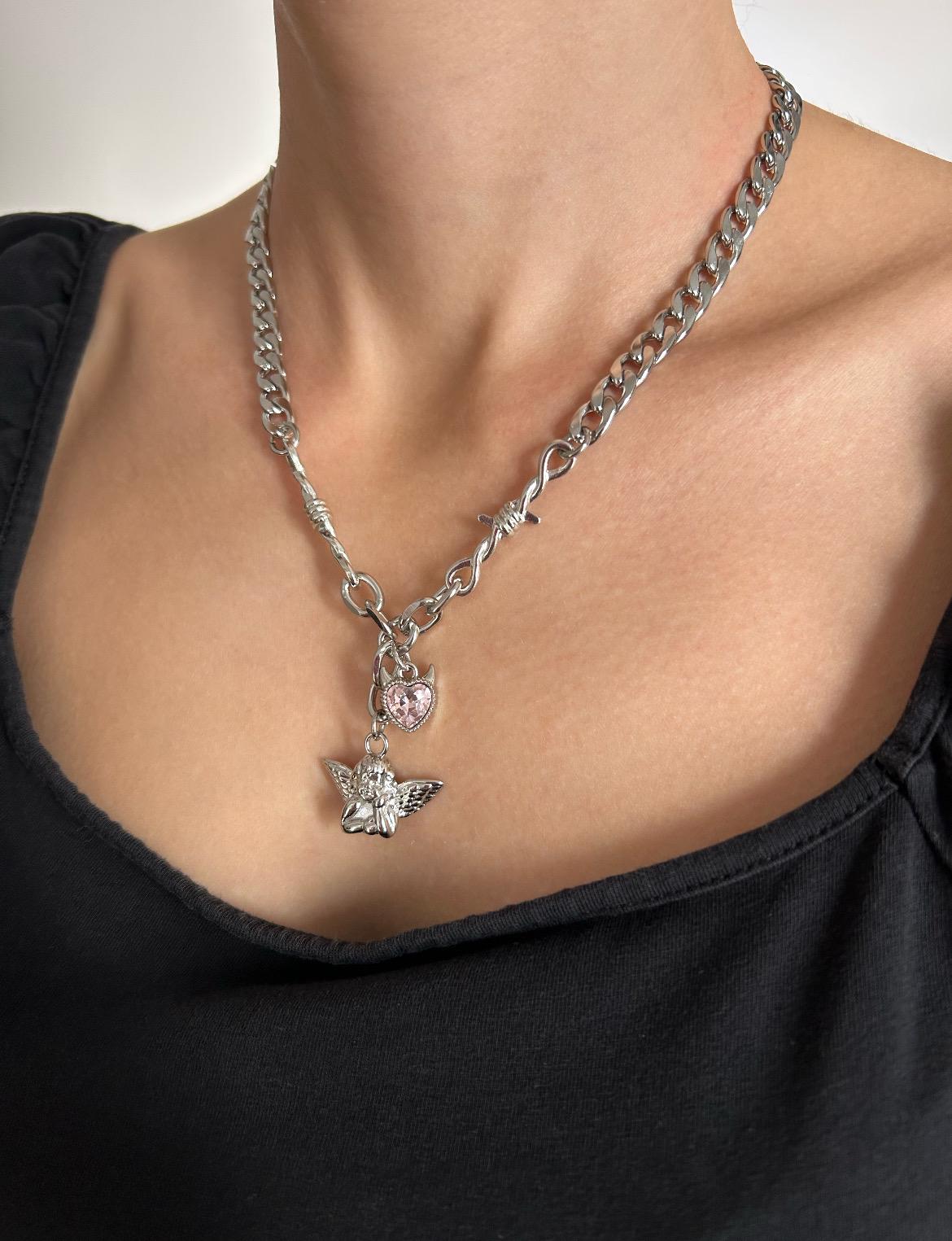 Pink Crystal devil Heart cherub charm necklace