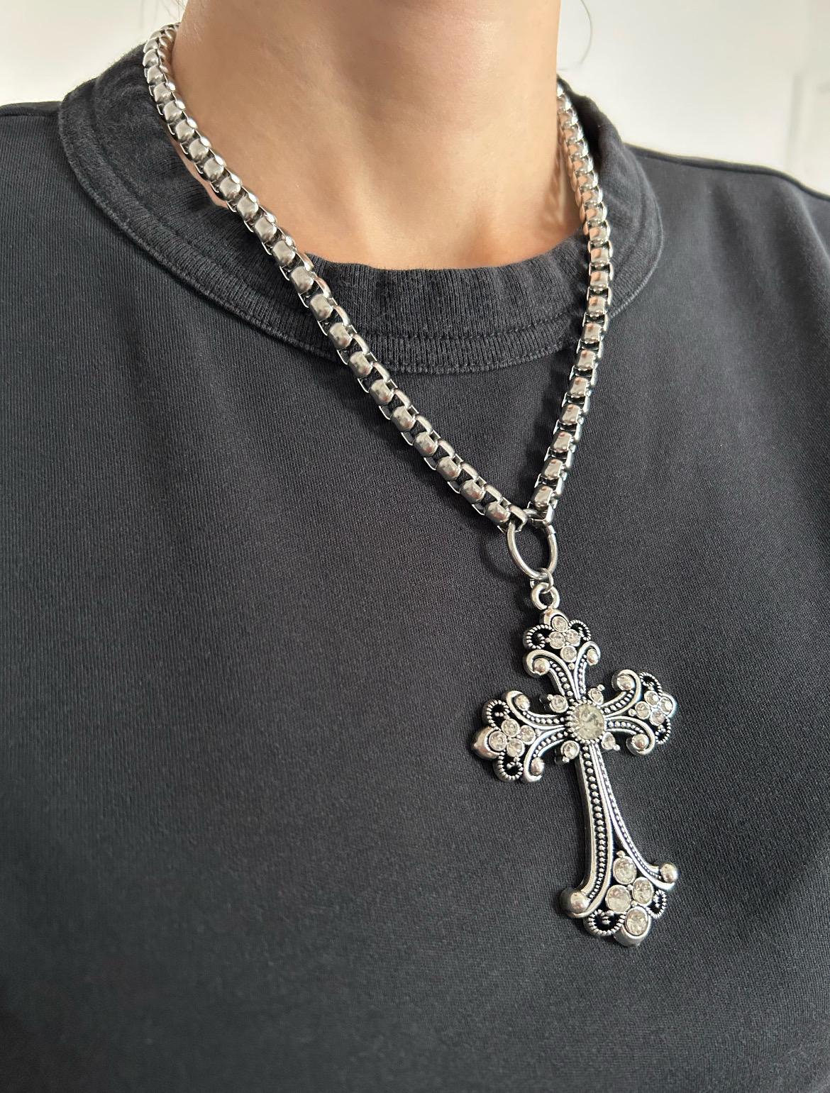 Silver Rhinestone  Cross Necklace