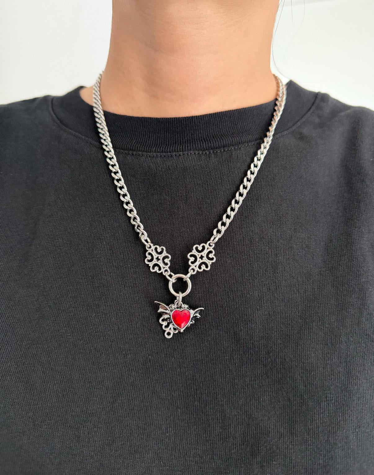Gothic Bat Wings Heart Charm Necklace