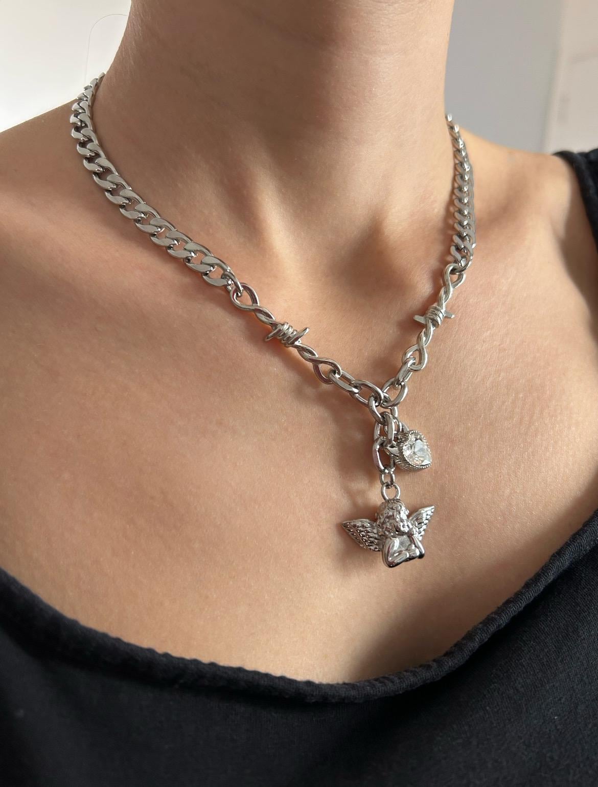 Crystal Devil Heart Cherub Charm Necklace