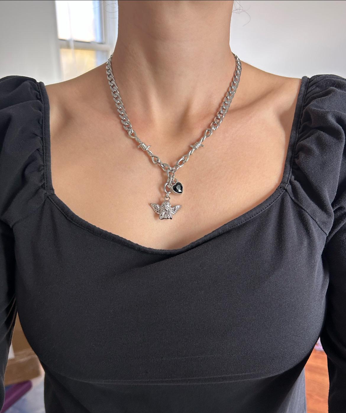 Black Crystal Devil Heart Cherub Charm Necklace