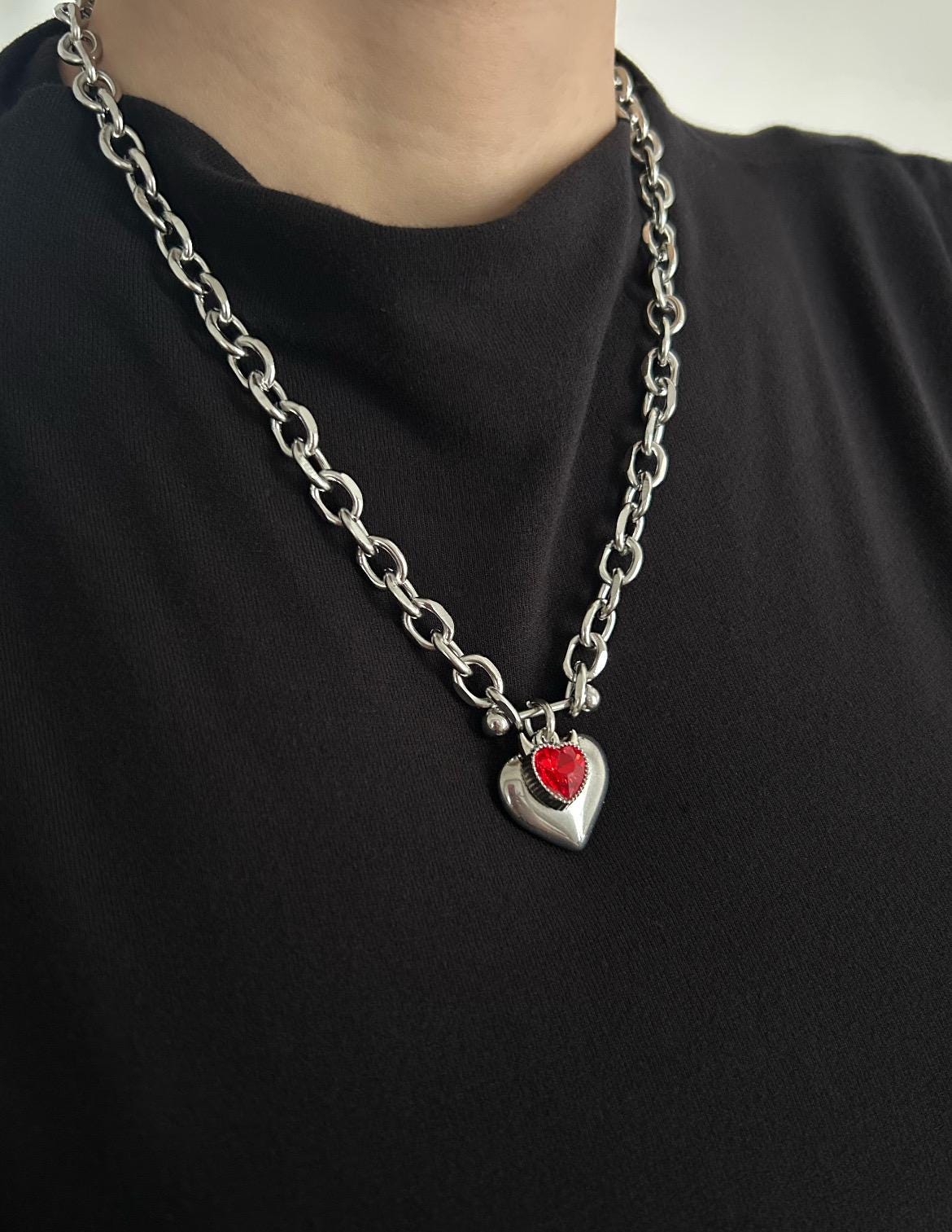 Devil horns Red Heart Charm Necklace