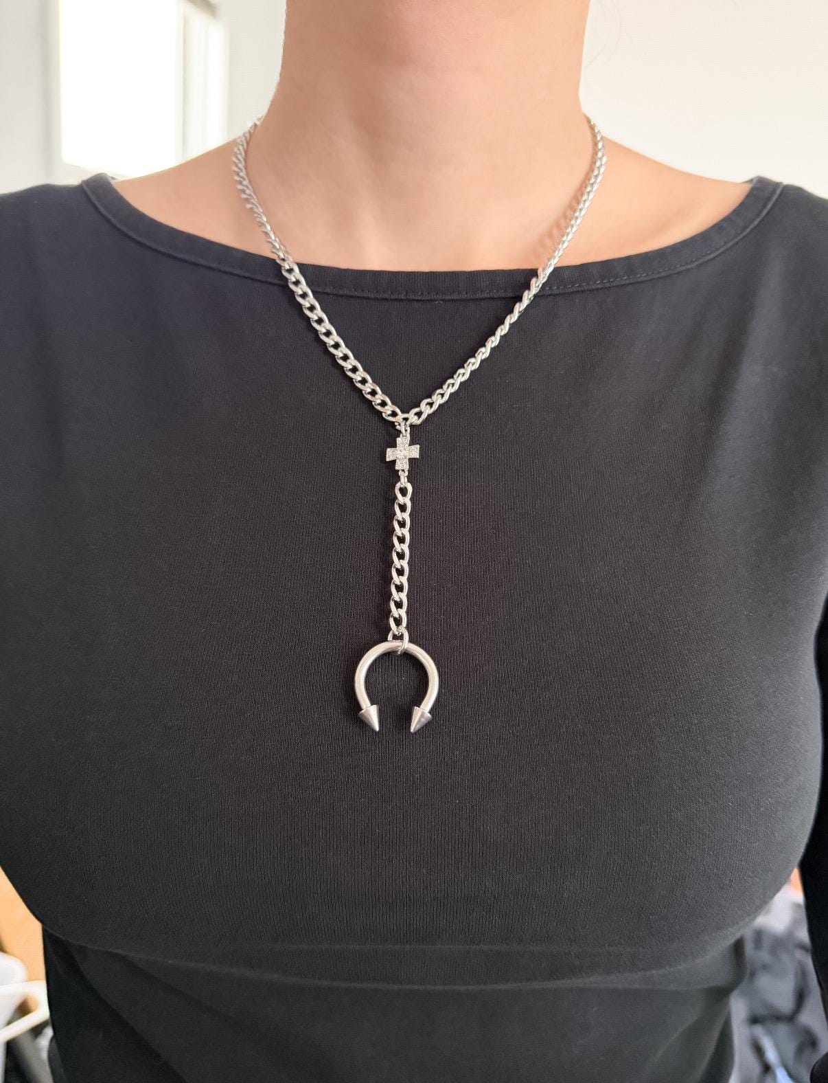 Spiked Horseshoe Barbell Lariat Necklace