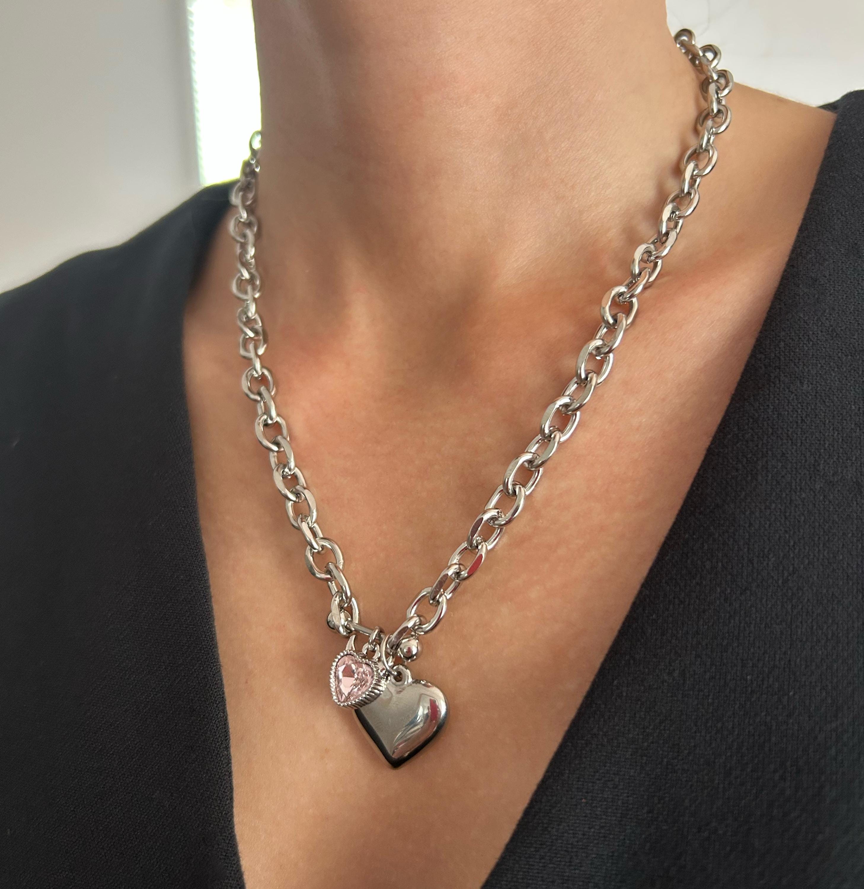 Devil Horns Pink Heart Charm Alternative Necklace
