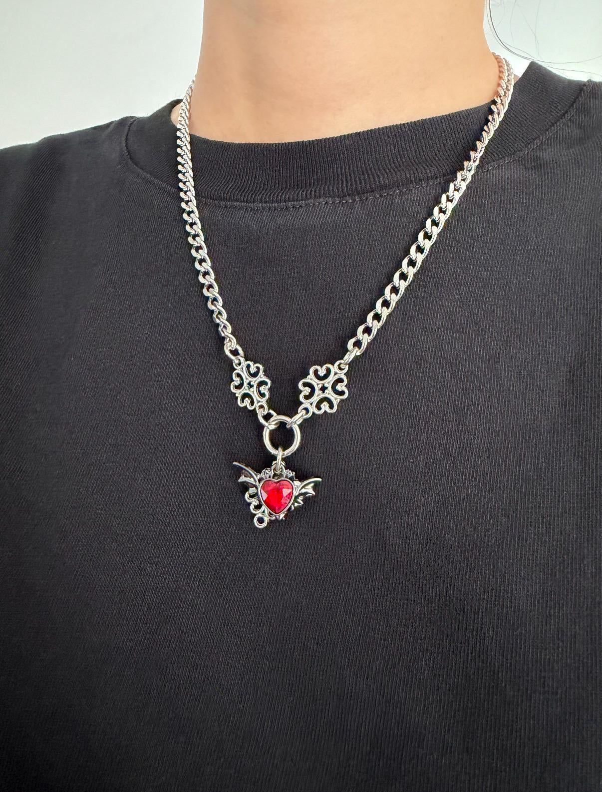 Gothic Bat Wings Heart Charm Necklace