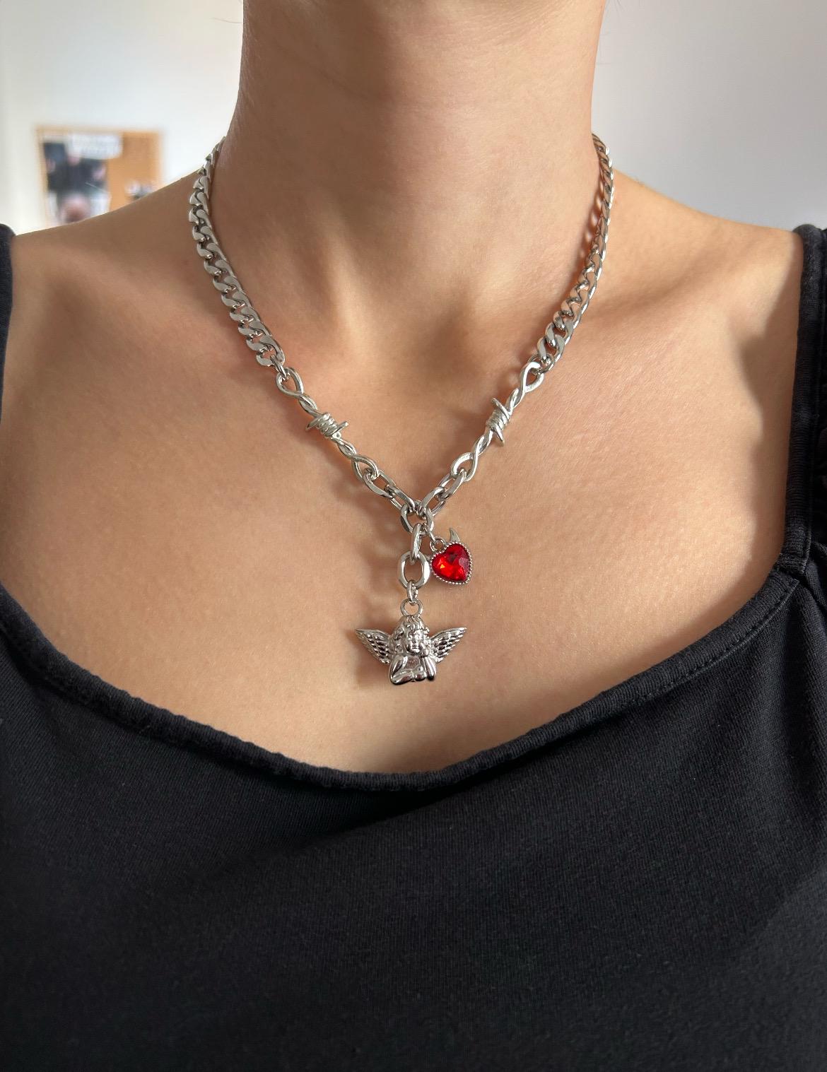 Red Crystal Devil Heart Cherub Charm Necklace
