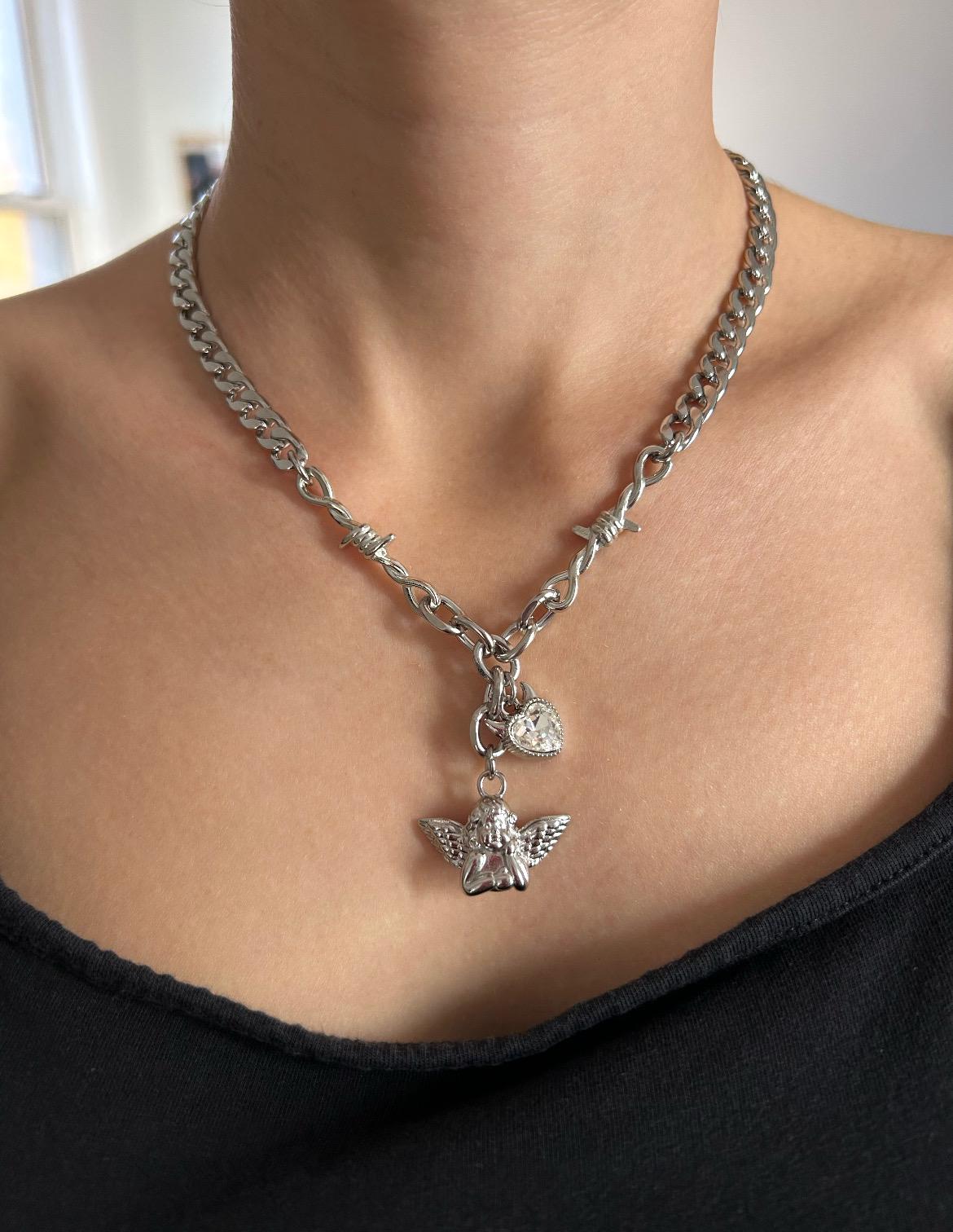 Crystal Devil Heart Cherub Charm Necklace