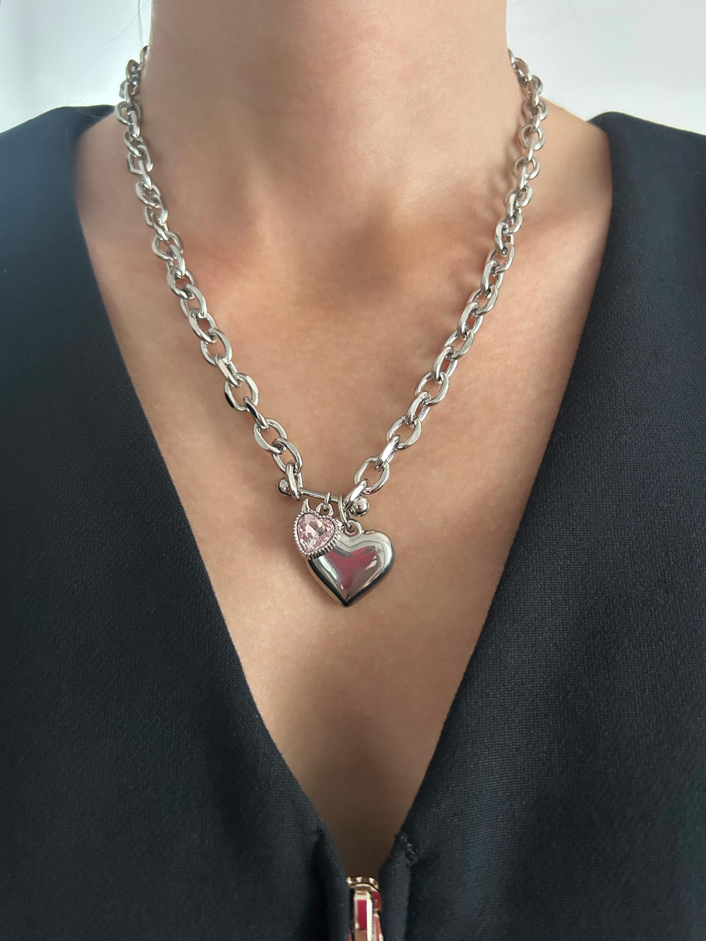Devil Horns Pink Heart Charm Alternative Necklace