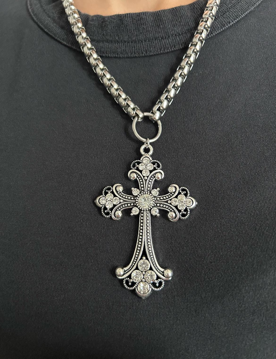 Silver Rhinestone  Cross Necklace