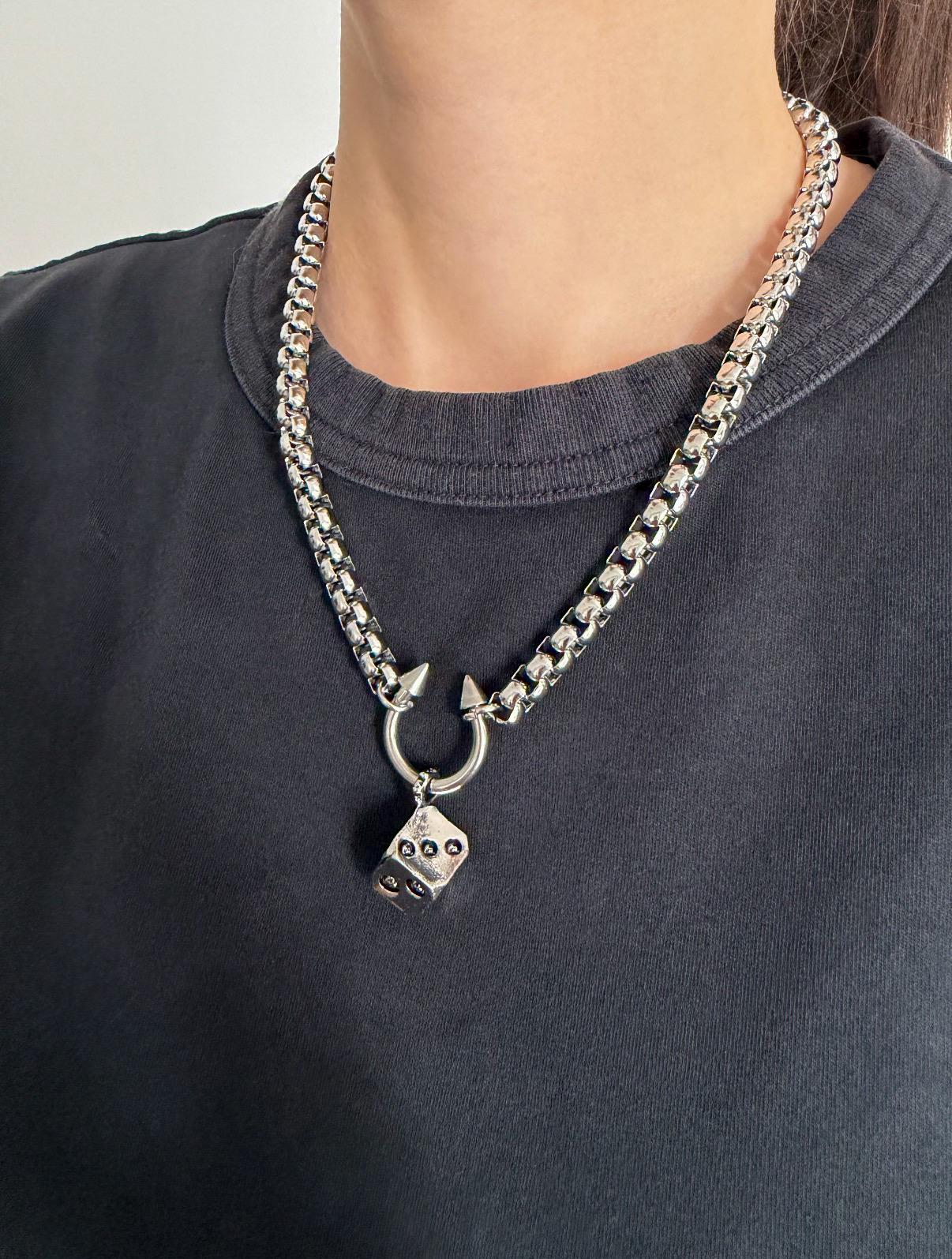 Spiked Horseshoe Barbell Skull Dice Necklace