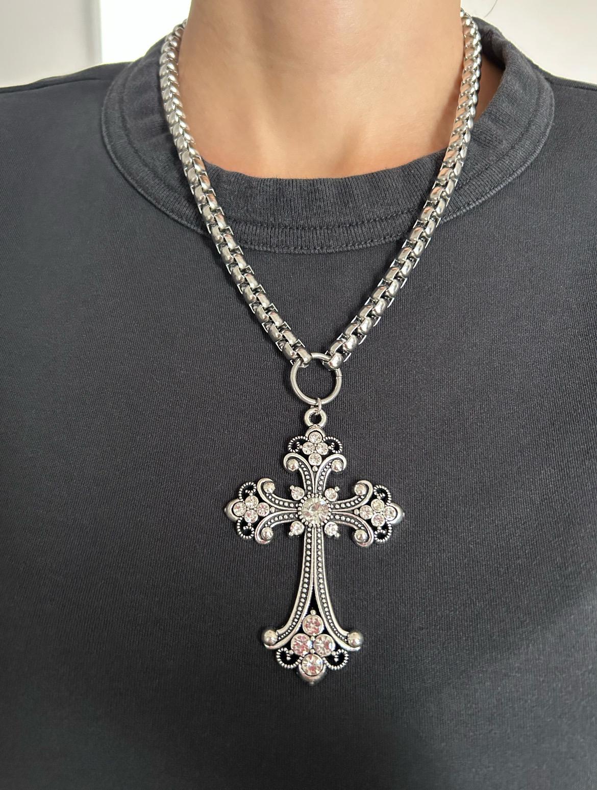 Silver Rhinestone  Cross Necklace