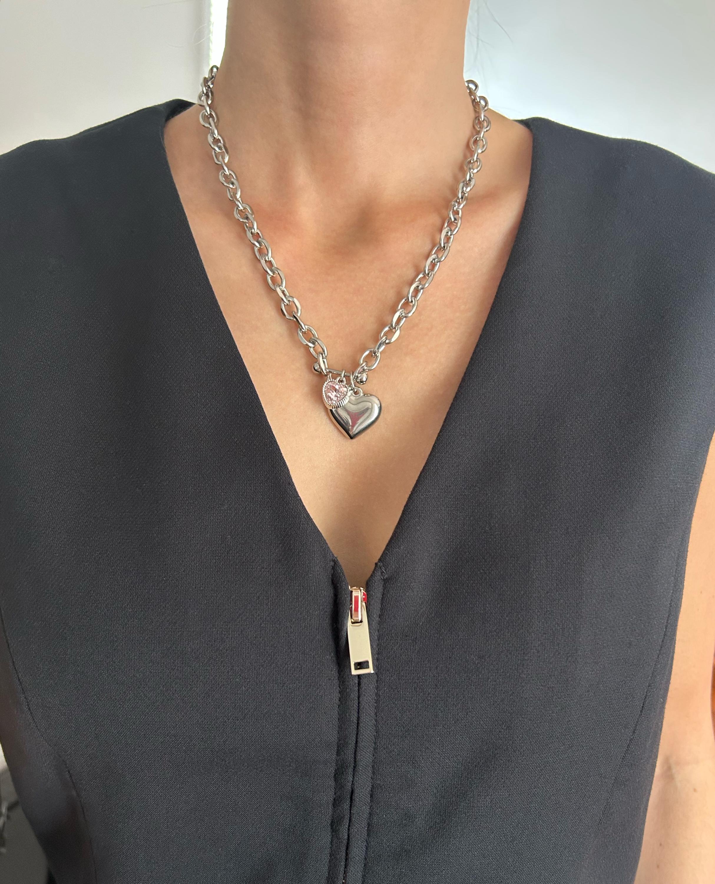 Devil Horns Pink Heart Charm Alternative Necklace