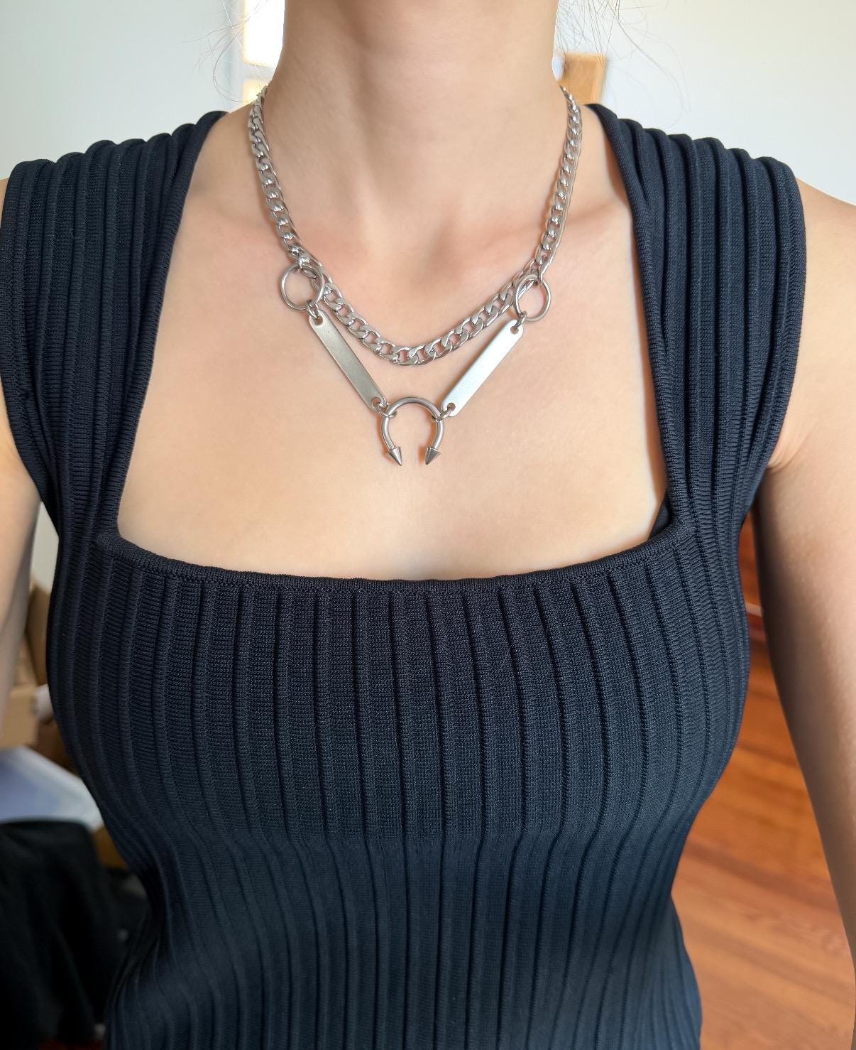Spiked Horseshoe Barbell Layered Necklace