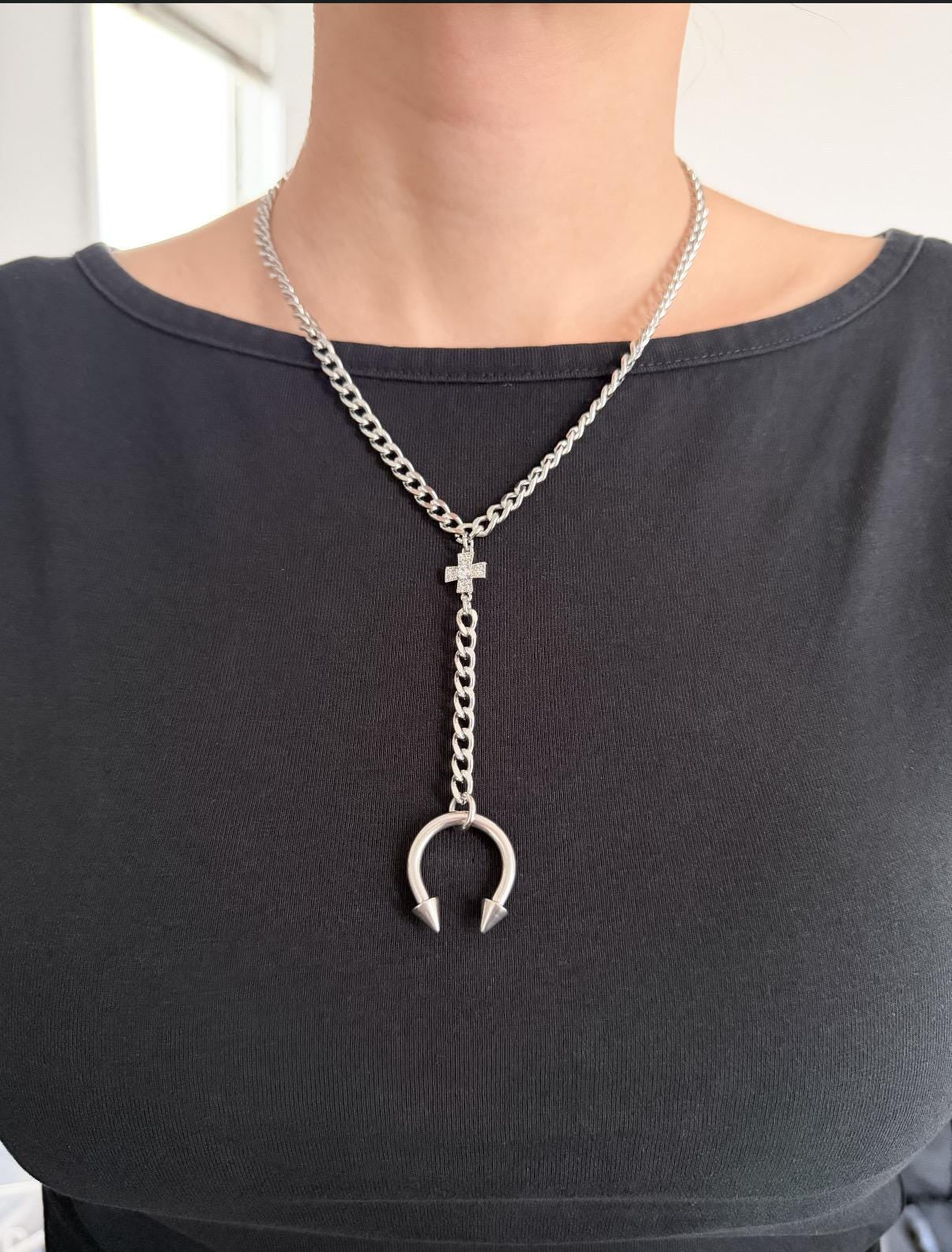 Spiked Horseshoe Barbell Lariat Necklace
