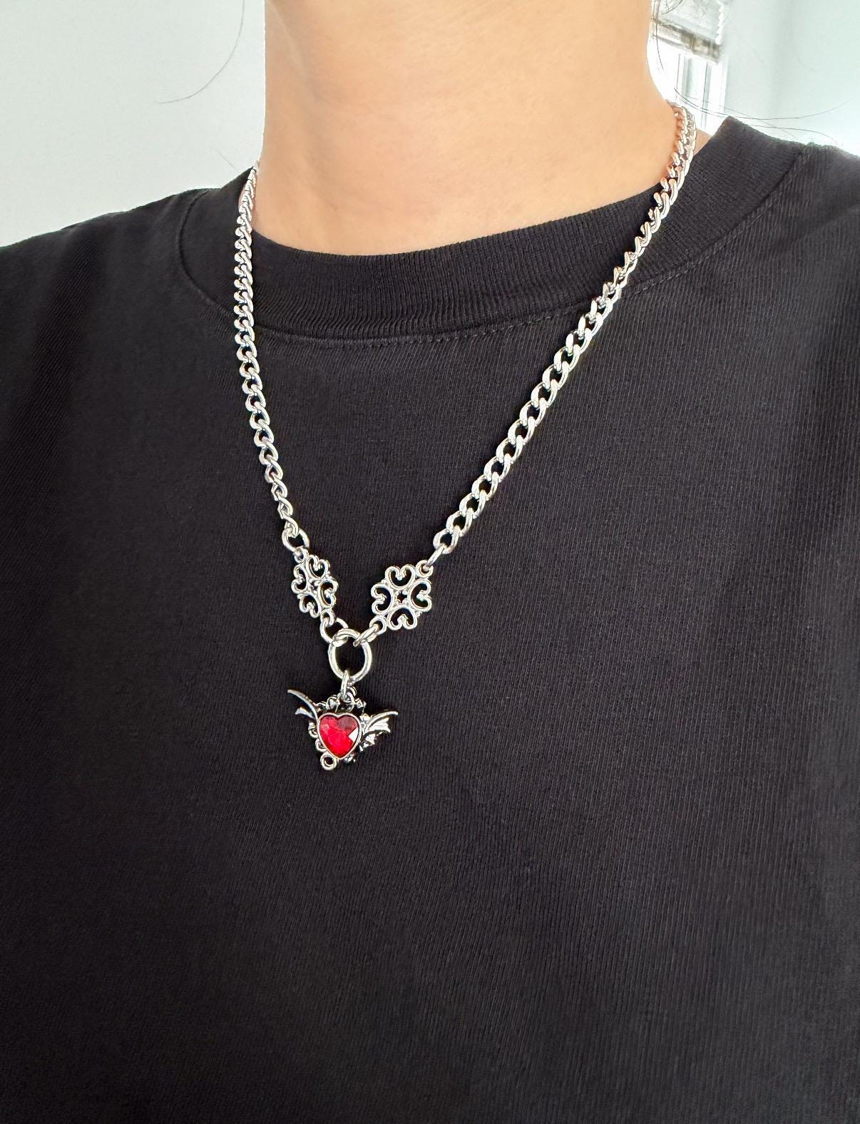 Gothic Bat Wings Heart Charm Necklace