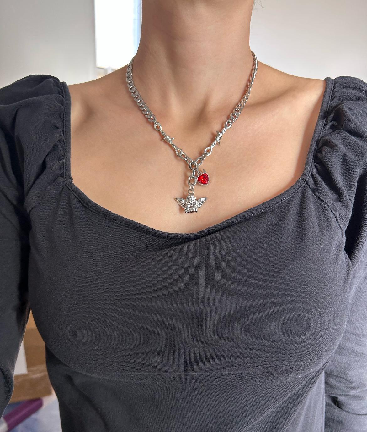 Red Crystal Devil Heart Cherub Charm Necklace